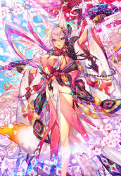 Rule 34 | 1girl, :d, age of ishtaria, animal, animal ear fluff, animal ears, arm up, beads, black gloves, blush, breasts, cherry blossoms, detached sleeves, flower, folding fan, fox, fox ears, fox mask, fox tail, fur trim, gloves, grey hair, hair ornament, hand fan, highres, holding, holding fan, japanese clothes, kimono, large breasts, long hair, looking at viewer, mask, munlu (wolupus), official art, open mouth, prayer beads, red eyes, revealing clothes, seimei (age of ishtaria), smile, solo, standing, tail, tassel, umbrella, white kimono, wide sleeves