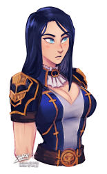 Rule 34 | 1girl, arcane: league of legends, arcane caitlyn, artist name, ascot, belt, blue eyes, blue hair, breasts, caitlyn (league of legends), cleavage, cropped arms, cropped torso, highres, iahfy, league of legends, light blush, long hair, looking to the side, patreon username, simple background, solo, twitter username