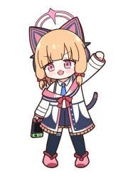 Rule 34 | 1girl, achilles (yosshyachillesd), animal ear headphones, animal ears, arm up, black skirt, black thighhighs, blonde hair, blue archive, blush, cat tail, fake animal ears, full body, halo, handheld game console, headphones, holding, holding handheld game console, jacket, long sleeves, momoi (blue archive), open mouth, pink footwear, pink halo, pleated skirt, red eyes, shoes, short hair, simple background, skirt, solo, tail, thighhighs, two-sided fabric, two-sided jacket, white background, white jacket
