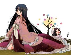 Rule 34 | 2girls, = =, animal ears, black eyes, black hair, blunt ends, blush, branch, closed mouth, commentary request, dress, eyelashes, frilled kimono, frills, full body, highres, hime cut, houraisan kaguya, inaba tewi, japanese clothes, jeweled branch of hourai, kimono, long hair, long sleeves, looking at viewer, mashuu masaki, multiple girls, open mouth, pink dress, pink kimono, puffy short sleeves, puffy sleeves, rabbit ears, sash, short hair, short sleeves, sidelocks, simple background, smile, standing, tongue, tongue out, touhou, very long hair, white background, white sash, wide sleeves