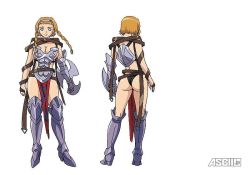 Rule 34 | 1girl, armor, ass, blonde hair, blue eyes, braid, breastplate, breasts, buckle, character sheet, cleavage, curvy, female focus, full body, hairband, hisayuki hirokazu, huge ass, large breasts, leina (queen&#039;s blade), looking at viewer, multiple views, official art, queen&#039;s blade, revealing clothes, shield, shiny skin, smile, standing, sword, thong, twin braids, weapon, wide hips