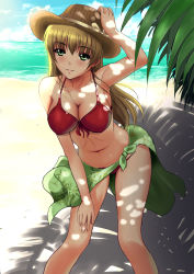 Rule 34 | 1girl, absurdres, arm up, armpits, bad id, bad pixiv id, beach, bikini, blonde hair, blush, breasts, cleavage, dappled sunlight, day, du zhi feng, front-tie top, green eyes, hand on headwear, hand on own knee, hat, highres, large breasts, leaf, leaning forward, long hair, looking at viewer, navel, original, outdoors, red bikini, sand, sarong, shadow, shiny skin, silhouette, sky, smile, solo, soyokaze, sunlight, swimsuit, water