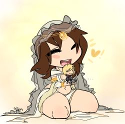 Rule 34 | 1girl, blonde hair, blush, brown hair, chibi, dark souls (series), dark souls i, open mouth, queen of sunlight gwynevere, size difference, thick thighs, thighs