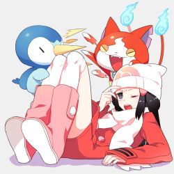 Rule 34 | 00s, 10s, 1girl, beanie, black eyes, black hair, boots, cat, coat, creatures (company), dawn (pokemon), fighting, game freak, gen 4 pokemon, grey background, gum (gmng), haramaki, hat, jibanyan, long hair, lying, multiple tails, nintendo, notched ear, on back, pink footwear, piplup, pokemon, pokemon (creature), pokemon dppt, scarf, tail, thighhighs, traditional youkai, transparent background, two tails, white scarf, winter clothes, winter coat, youkai watch