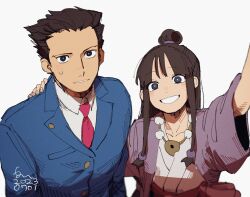 Rule 34 | 1boy, 1girl, ace attorney, arm up, black hair, blue eyes, blue jacket, blunt bangs, collared shirt, dated, erm nkcn, grin, hair ornament, half updo, hand on another&#039;s shoulder, hanten (clothes), highres, jacket, japanese clothes, jewelry, kimono, long hair, long sleeves, looking at viewer, magatama, magatama necklace, maya fey, necklace, necktie, open mouth, outstretched arm, parted bangs, phoenix wright, purple jacket, red necktie, selfie, shirt, short hair, sidelocks, signature, smile, spiked hair, sweatdrop, upper body, white kimono, white shirt