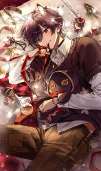 Rule 34 | absurdres, animal ears, biting, black hair, black nails, black sweater, blush, chain necklace, checkered clothes, christmas, christmas lights, christmas ornaments, dog boy, dog ears, earrings, eumi 114, hat, highres, indie virtual youtuber, jewelry, light smile, long sleeves, male focus, necklace, purple eyes, red ribbon, ribbon, santa hat, shirt, shoto (vtuber), stuffed animal, stuffed toy, sweater, virtual youtuber, white shirt