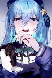 Rule 34 | 1girl, absurdres, blue eyes, blue hair, blue hat, blue nails, blue ribbon, colored inner hair, disgust, dress, fingernails, grey background, hair between eyes, hair ornament, hair ribbon, hand up, hat, highres, hololive, hoshimachi suisei, hoshimachi suisei (streetwear), long sleeves, looking at viewer, mile (off8mile), multicolored hair, nail polish, neck ribbon, open mouth, purple dress, ribbon, solo, star (symbol), star hair ornament, virtual youtuber