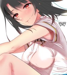 Rule 34 | 10s, 1girl, armpits, black hair, blouse, blush, breasts, hayakawa akari, kantai collection, knees up, large breasts, lips, looking at viewer, red eyes, shirt, short sleeves, simple background, smile, solo, takao (kancolle), upper body, white background, white shirt