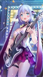 Rule 34 | 1girl, :d, ahoge, aniya jung (girl cafe gun), bare arms, bare shoulders, bass guitar, black choker, blue eyes, blue hair, bob cut, breasts, camisole, choker, cleavage, confetti, girl cafe gun, headgear, highres, holding, holding instrument, instrument, large breasts, layered skirt, looking at viewer, miniskirt, official art, open mouth, panties, pantyshot, purple skirt, screen, short hair, skirt, smile, solo, speaker, stage, star ornament, teardrop facial mark, thigh strap, underwear, upper body, white camisole