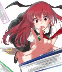 Rule 34 | 1girl, bat wings, blush, book, emushake, falling, fang, head wings, highres, koakuma, long hair, looking down, mary janes, necktie, open mouth, red eyes, red hair, shirt, shoes, short sleeves, simple background, skirt, skirt set, solo, tears, touhou, tripping, vest, white background, wings