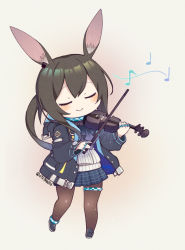Rule 34 | 1girl, amiya (arknights), animal ears, anklet, arknights, ascot, black footwear, black jacket, black pantyhose, blue skirt, blush, blush stickers, bow (music), brown hair, chibi, closed eyes, closed mouth, commentary, full body, grey background, holding, holding bow (music), holding instrument, holding violin, hood, hooded jacket, instrument, jacket, jewelry, lemon raimu, long hair, long sleeves, miniskirt, multiple rings, music, musical note, neck ring, open clothes, open jacket, pantyhose, plaid, plaid skirt, playing instrument, pleated skirt, ponytail, rabbit ears, ribbed sweater, ring, shoes, simple background, skirt, smile, solo, standing, sweater, thighlet, twitter username, violin, white sweater
