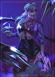 Rule 34 | 1girl, absurdres, artist name, asymmetrical bangs, black choker, black garter straps, black skirt, black thighhighs, bracelet, breasts, choker, claw (weapon), cone hair bun, cropped jacket, d4ybreaker, dark background, demon, demon girl, drop earrings, earrings, evelynn (league of legends), evil grin, evil smile, garter straps, girl on top, grin, hair bun, highres, jacket, jewelry, k/da all out evelynn, league of legends, long hair, looking at viewer, medium breasts, o-ring, open clothes, open jacket, purple background, purple jacket, purple lips, revealing clothes, sitting, sitting on person, skirt, slit pupils, smile, solo, spikes, the baddest evelynn, thighhighs, weapon, white hair, yellow eyes