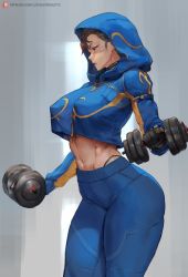 Rule 34 | 1girl, abs, artist name, breasts, capcom, chun-li, cowboy shot, crop top, cutesexyrobutts, dumbbell, exercising, feet out of frame, highleg, highleg panties, highres, hood, hoodie, large breasts, midriff, navel, panties, pants, patreon logo, solo, street fighter, sweat, sweatpants, thong, underwear, workout clothes