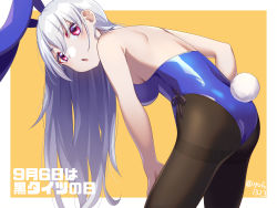 Rule 34 | 1girl, animal ears, black pantyhose, blue leotard, chestnut mouth, commentary request, cowboy shot, detached collar, fake animal ears, highres, leaning forward, leotard, long hair, original, pantyhose, playboy bunny, rabbit ears, rabbit tail, red eyes, ryofuhiko, side-tie leotard, solo, strapless, strapless leotard, tail, thighband pantyhose, white hair
