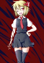 Rule 34 | 1girl, black dress, black thighhighs, blonde hair, blood, blood on hands, dress, fang, gradient background, hair ribbon, hand on own hip, kirino souya, looking at viewer, necktie, one eye closed, open mouth, red eyes, ribbon, rumia, shirt, short sleeves, smile, solo, thighhighs, touhou, zettai ryouiki