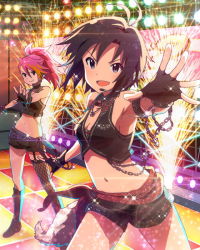 Rule 34 | &gt;:d, 10s, 2girls, :d, asymmetrical clothes, black hair, boots, chain, crop top, fingerless gloves, fishnets, gloves, headset, idolmaster, idolmaster (classic), idolmaster million live!, jewelry, kikuchi makoto, looking at viewer, maihama ayumu, midriff, multicolored hair, multiple girls, musical note, navel, necklace, official art, open mouth, pink hair, short hair, shorts, smile, stage, stage lights, v-shaped eyebrows
