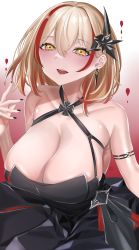 Rule 34 | 1girl, arm strap, azur lane, bare shoulders, black dress, black nails, blonde hair, blush, breasts, chest strap, cleavage, cross, dress, gradient background, hair between eyes, hair ornament, halter dress, halterneck, headgear, highres, iron cross, keishi surota, large breasts, looking at viewer, multicolored hair, nail polish, nose blush, official alternate costume, red background, red hair, roon (azur lane), roon (dark red grin) (azur lane), short hair, solo, streaked hair, yellow eyes