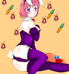 Rule 34 | 00s, animal ears, ass, bare shoulders, blue eyes, brother and sister, carrot, detached sleeves, closed eyes, fake animal ears, food, hat, heart, long hair, open mouth, orange background, pink hair, playboy bunny, rabbit ears, red hair, seles wilder, short hair, siblings, tail, tales of (series), tales of symphonia, thighhighs, zelos wilder