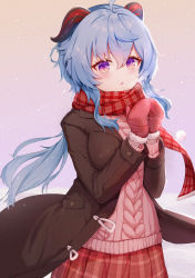 Rule 34 | 1girl, absurdres, blue hair, bolinger, brown coat, coat, cowboy shot, ganyu (genshin impact), genshin impact, goat horns, gradient background, hair between eyes, highres, horns, long hair, looking at viewer, mittens, open clothes, open coat, open mouth, pink sweater, plaid, plaid scarf, plaid skirt, purple eyes, red scarf, red skirt, scarf, skirt, snowing, solo, sweater