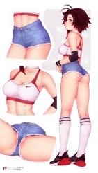 Rule 34 | 1girl, absurdres, ahoge, alternate costume, artist name, ass, black hair, bluefield, blush, breasts, choker, cleavage, denim, denim shorts, elbow pads, full body, gradient hair, grey eyes, highres, kneehighs, legs, medium breasts, midriff, multicolored hair, multiple views, nike (company), parted lips, partially visible vulva, pocket, red hair, ruby rose, rwby, shoes, short hair, short shorts, shorts, sneakers, socks, sports bra, spread legs, sweat, thighs, upshorts, white background, white socks, wristband