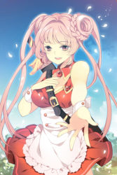 Rule 34 | 1girl, apron, belt, braid, braided bun, breasts, cowboy shot, day, doughnut hair bun, dress, female focus, frills, gradient background, hair bun, large breasts, long hair, lowres, nature, open mouth, outdoors, outstretched hand, petals, pink eyes, pink hair, plant, sheath, sheathed, sky, solo, sword, sword girls, twintails, weapon, weapon on back, wrist cuffs
