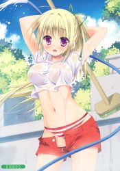 Rule 34 | 1girl, absurdres, arms behind head, arms up, artist name, bikini, bikini bottom only, blonde hair, blush, breasts, broom, bush, cloud, cowboy shot, day, green ribbon, hair ribbon, highres, hose, long hair, looking at viewer, navel, open mouth, original, outdoors, ponytail, pool, purple eyes, ribbon, scan, see-through, sesena yau, shirt, short shorts, short sleeves, shorts, solo, striped, swimsuit, unbuttoned, very long hair, water, wet, wet clothes, wet shirt