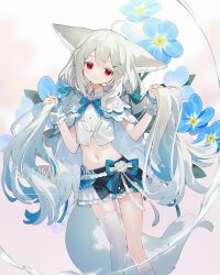 Rule 34 | 1girl, ahoge, animal ears, asymmetrical legwear, black skirt, blue flower, capelet, closed mouth, commentary request, commission, crop top, feet out of frame, flower, grey hair, hair ornament, hairclip, head tilt, highres, holding, holding hair, long hair, low twintails, midriff, navel, original, partial commentary, sakurada shiro (hy plus), shirt, skeb commission, skirt, smile, socks, solo, standing, tail, thighhighs, twintails, very long hair, watermark, white capelet, white shirt, white socks, white thighhighs, yamiko