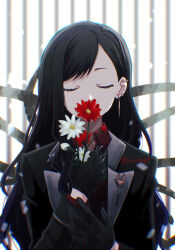 Rule 34 | 1girl, black gloves, black hair, closed eyes, commentary, covered mouth, ear piercing, earrings, facing viewer, flower, gloves, hand up, holding, holding flower, jewelry, lapels, light up the fire (project sekai), long hair, long sleeves, notched lapels, official alternate costume, piercing, project sekai, red flower, rt enpt, shiraishi an, solo, twitter username, upper body, white flower