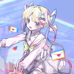 Rule 34 | 1girl, blue screen of death, bow, chouzetsusaikawa tenshi-chan, chromatic aberration, hair bow, hair intakes, highres, holographic clothing, iridescent, large bow, letter, looking at viewer, love letter, multiple hair bows, needy girl overdose, onga, open mouth, purple eyes, quad tails, silver hair, solo, teeth, upper teeth only