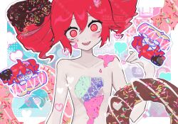 Rule 34 | 1girl, @ @, blue background, chibi, closed eyes, cream, cream on face, cream on hair, doo natten yo? (synthesizer v), double-parted bangs, doughnut, drill hair, food, food on face, hair between eyes, hand up, heart, hole in chest, hole on body, kasane teto, kasane teto (sv), looking at viewer, multicolored background, nausea, pink background, red hair, synthesizer v, takamiya yuu, teeth, twin drills, upper body, upper teeth only, utau