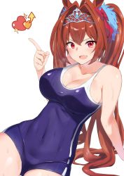Rule 34 | 1girl, animal ears, bare shoulders, blue one-piece swimsuit, blush, breasts, brown hair, cleavage, collarbone, daiwa scarlet (umamusume), fang, hair intakes, heart, highres, horse ears, horse girl, index finger raised, large breasts, long hair, looking at viewer, murio, one-piece swimsuit, open mouth, red eyes, simple background, smile, solo, swimsuit, thighs, tiara, twintails, umamusume, very long hair, white background