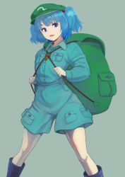 Rule 34 | 1girl, :d, backpack, bag, blue eyes, blue footwear, blue hair, boots, collarbone, eyebrows hidden by hair, feet out of frame, flat cap, green bag, green hat, grey background, hair bobbles, hair ornament, hat, highres, kakone, kawashiro nitori, key, long sleeves, looking at viewer, open mouth, pocket, rubber boots, short hair, simple background, smile, solo, standing, touhou, twintails, two side up