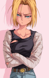 Rule 34 | 1girl, android 18, belt, blonde hair, blue eyes, breasts, closed mouth, collarbone, crossed arms, denim, dragon ball, dragon ball z, dragonball z, frown, half-closed eyes, lips, long sleeves, looking away, pants, pout, shadow, shirt, short hair, simple background, solo, torn clothes, upper body, watermark, white background