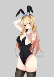 Rule 34 | 1girl, absurdres, animal ears, arm behind head, artist name, barbell piercing, bare arms, bare hips, bare shoulders, black bow, black bowtie, black leotard, black thighhighs, blonde hair, blush, bow, bow hairband, bowtie, breasts, cleavage, collarbone, colored tips, covered navel, cowboy shot, detached collar, ear piercing, earrings, fake animal ears, gradient hair, grey background, grin, groin, gyaru, hairband, hand up, head tilt, highleg, highleg leotard, highres, industrial piercing, jewelry, kitagawa marin, kitsun8, leotard, looking at viewer, low neckline, medium breasts, multicolored hair, piercing, pink hair, playboy bunny, rabbit ears, simple background, smile, solo, sono bisque doll wa koi wo suru, standing, strapless, strapless leotard, thighhighs, thighs, w, wrist cuffs