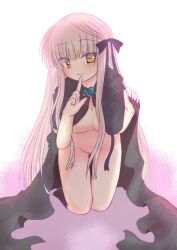 Rule 34 | 1girl, black bow, black cloak, black ribbon, bloom, blunt bangs, blush, bow, breasts, canaca chiyuri, cleavage, cloak, commentary request, eyes visible through hair, finger to mouth, full body, glint, hair bow, hair censor, hair ribbon, hands up, head tilt, highres, index finger raised, kneeling, light brown hair, long hair, long ribbon, looking at viewer, medium breasts, naked cloak, parted lips, rewrite, ribbon, seductive smile, senri akane, shushing, sidelocks, simple background, smile, solo, straight hair, thigh gap, thighs, very long hair, white background, yellow eyes