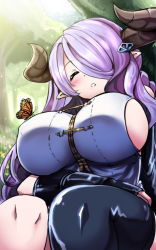 Rule 34 | 10s, 1girl, ^ ^, animal, animal on chest, blush, breasts, bug, butterfly, closed eyes, demon horns, draph, covered erect nipples, closed eyes, fingerless gloves, gloves, granblue fantasy, hair ornament, hair over one eye, hairclip, horns, huge breasts, bug, large breasts, light purple hair, long hair, narmaya (granblue fantasy), one eye covered, open mouth, outdoors, parted lips, pointy ears, purple hair, rayno, sideboob, single thighhigh, sleeping, sleeveless, solo, thighhighs, tree