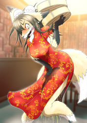 Rule 34 | 1girl, @ @, absurdres, animal ear fluff, animal ears, animal hands, animal nose, bamboo steamer, between legs, black fur, black hair, blurry, blurry background, blush, body fur, braid, breasts, bun cover, china dress, chinese clothes, claws, constricted pupils, dress, embarrassed, fangs, female focus, floral print, fox ears, fox girl, fox tail, furry, furry female, hair ribbon, hand between legs, hand up, have to pee, highres, indoors, knees together feet apart, leaning forward, looking down, matatabi shimono, medium breasts, multicolored fur, nose blush, open mouth, original, outline, pee, peeing, peeing self, red dress, red ribbon, ribbon, sharp teeth, short sleeves, side slit, sidelocks, snout, solo, steam, tail, tears, teeth, waitress, wet, wet clothes, white fur, white outline, yellow eyes, yellow fur