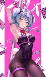 Rule 34 | 1girl, ace (playing card), ace of hearts, animal ears, aqua eyes, arms up, black leotard, blue eyes, blue hair, blush, bow, bowtie, breasts, card, clothing cutout, colored inner hair, cowboy shot, cuffs, cutout above navel, detached collar, fake animal ears, grey hair, hair intakes, hair ornament, handcuffs, hatsune miku, heart, heart-shaped pupils, heart cutout, highres, leotard, licking lips, long hair, looking at viewer, medium breasts, multicolored hair, pantyhose, pink pupils, playboy bunny, playing card, pole, ppudang, purple hair, rabbit hole (vocaloid), rabbit tail, short twintails, smile, solo, stripper pole, symbol-shaped pupils, tail, teardrop facial mark, tongue, tongue out, twintails, vocaloid, x hair ornament