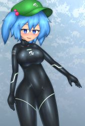 Rule 34 | blue eyes, blue hair, bodysuit, breasts, covered navel, diving suit, flat cap, green hat, hair bobbles, hair ornament, hat, highres, julian semenov, kawashiro nitori, large breasts, latex, medium hair, short twintails, sidelocks, skin tight, solo, touhou, twintails, two side up, wetsuit