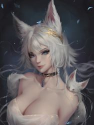 Rule 34 | 1girl, absurdres, animal, animal ears, artist name, bare shoulders, blue eyes, braid, breasts, choker, chuby mi, cleavage, collarbone, commentary, english commentary, fox ears, highres, large breasts, lips, looking at viewer, nose, original, petals, short hair, side braid, solo, upper body, white hair