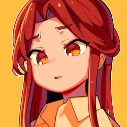 Rule 34 | 1girl, collared shirt, highres, idolmaster, idolmaster cinderella girls, long hair, looking at viewer, moai (more e 4km), outline, parted lips, portrait, red hair, shirt, simple background, solo, white outline, white shirt, yellow background, yellow eyes, zaizen tokiko