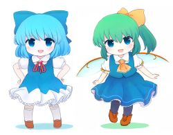 Rule 34 | 2girls, :d, ascot, bad id, bad twitter id, black legwear, blue bow, blue eyes, blue hair, blue skirt, blue vest, blush, boots, bow, brown footwear, chibi, cirno, collared shirt, commentary request, cross-laced footwear, daiyousei, fairy wings, frilled legwear, frilled skirt, frills, full body, gradient eyes, green hair, hair bow, hair ribbon, hands on own hips, lace-up boots, light blush, looking at viewer, multicolored eyes, multiple girls, neck ribbon, no wings, open mouth, orange ascot, puffy short sleeves, puffy sleeves, red ribbon, rei (tonbo0430), ribbon, ribbon-trimmed sleeves, ribbon trim, shirt, short hair, short sleeves, side ponytail, simple background, skirt, skirt set, smile, standing, standing on one leg, tareme, teeth, touhou, upper teeth only, vest, white background, white legwear, white shirt, wings, yellow ribbon