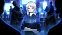 Rule 34 | 1girl, 6+others, blue eyes, blue shirt, blurry, blurry background, blurry foreground, buttons, closed mouth, collar, collared shirt, dress shirt, faust (project moon), game cg, highres, limbus company, looking at viewer, multiple others, nai ga, official art, project moon, shirt, sleeves rolled up, solo focus, standing, white hair, wing collar