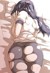 Rule 34 | 00s, 1girl, asakura ryouko, ass, bed, bed sheet, black pantyhose, blue hair, butt crack, facing away, female focus, gluteal fold, gym uniform, hair ornament, half updo, legs together, long hair, lying, on bed, on stomach, pantyhose, pillow, short sleeves, skindentation, solo, suzumiya haruhi no yuuutsu, sweat, tokyo (great akuta), torn clothes, torn pantyhose, wedgie