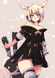 Rule 34 | 1girl, ahoge, animal ears, artist name, bare shoulders, belt, black belt, black dress, blue eyes, blush, boots, cat ears, cat girl, cat tail, commentary request, cowboy shot, dated, dress, final fantasy, final fantasy xiv, highres, holding, light brown hair, looking at viewer, miqo&#039;te, off-shoulder dress, off shoulder, parted lips, sam browne belt, short dress, short hair, short sleeves, signature, solo, standing, tail, thigh boots, thighhighs, thighs, twitter username, umxzo, warrior of light (ff14), white footwear