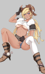 Rule 34 | 1girl, absurdres, aged up, arm up, belt, black gloves, blonde hair, blue eyes, blush, boots, breasts, brown footwear, brown hat, closed mouth, colt revolver (girls&#039; frontline), cowboy boots, cowboy hat, dark-skinned female, dark skin, denim, denim shorts, facial mark, fingerless gloves, full body, girls&#039; frontline, gloves, grey background, hair between eyes, hat, hat ornament, highres, kepra iii, large breasts, legs, long hair, navel, on floor, ponytail, red star, shorts, single thighhigh, smile, solo, spread legs, star (symbol), star facial mark, star hat ornament, star tattoo, stomach, tattoo, thighhighs, thighs, underboob, white thighhighs