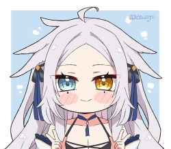 Rule 34 | 1girl, ahoge, blue eyes, blush stickers, chibi, closed mouth, collarbone, commentary, detached sleeves, english commentary, grey hair, hair ribbon, heterochromia, indie virtual youtuber, kukie-nyan, long hair, looking at viewer, ribbon, runa (vtuber), smile, solo, twitter username, upper body, virtual youtuber, yellow eyes