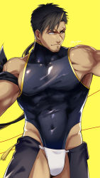 Rule 34 | 1boy, bara, bare shoulders, black hair, blind, blonde hair, bulge, covered abs, covered erect nipples, covered navel, cowboy shot, crotchless, crotchless pants, facial hair, fundoshi, highres, japanese clothes, large pectorals, male focus, male underwear, multicolored hair, muscular, muscular male, ninja (yzpyn), original, pants, pectorals, scar, scar on face, shirt, short hair, skin tight, solo, streaked hair, stubble, taut clothes, taut shirt, thick thighs, thighs, veins, white male underwear, yzpyn