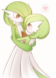 Rule 34 | 2girls, back, blush, bob cut, closed mouth, collarbone, colored skin, creatures (company), eye contact, female focus, flat chest, from behind, game freak, gardevoir, gen 3 pokemon, green hair, green skin, hair over one eye, half-closed eyes, happy, heart, height difference, hug, light blush, looking at another, looking down, looking up, lotosu, multicolored skin, multiple girls, nintendo, open mouth, pokemon, pokemon (creature), red eyes, short hair, simple background, smile, speech bubble, spoken heart, standing, two-tone skin, white background, white skin, yuri