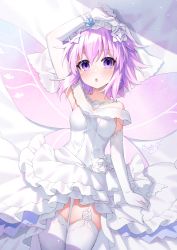 Rule 34 | 1girl, :o, arm up, armpits, bed sheet, binato lulu, blush, breasts, commentary, dress, elbow gloves, fairy wings, garter belt, gloves, hair between eyes, hair ornament, highres, jewelry, looking at viewer, lying, necklace, neptune (neptunia), neptune (series), on back, purple eyes, purple hair, short hair, signature, small breasts, solo, thighhighs, veil, wedding dress, white dress, white thighhighs, wings